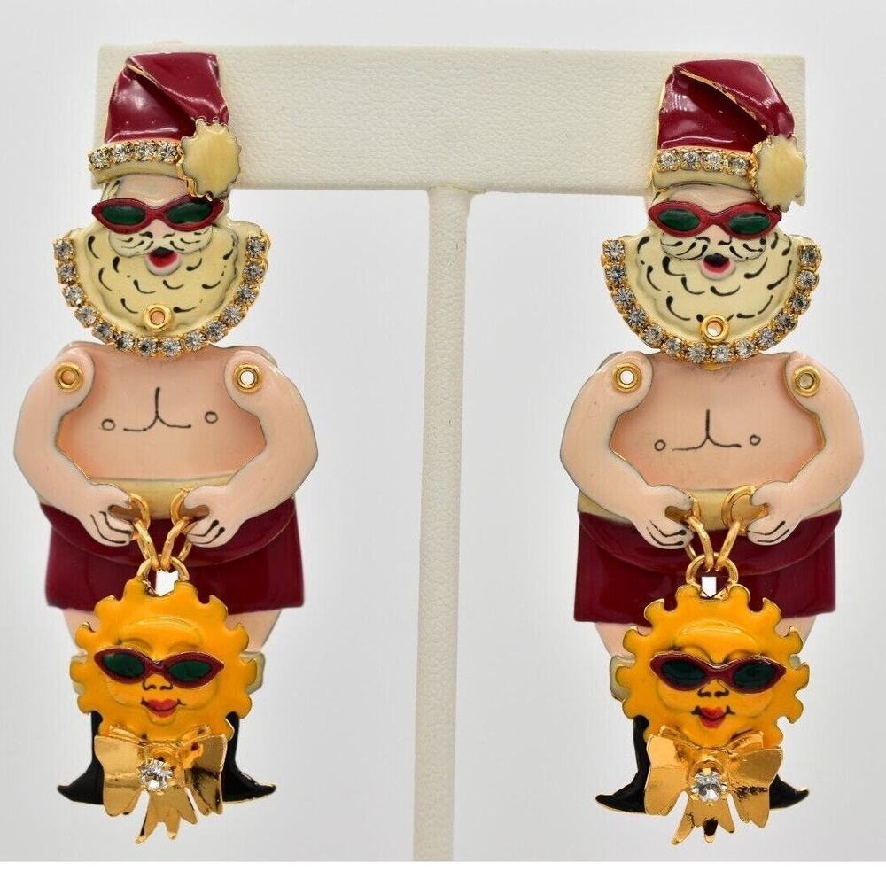 Lunch At The Ritz Vintage Christmas Clip On Earrings Santa Claus Signed BinAR